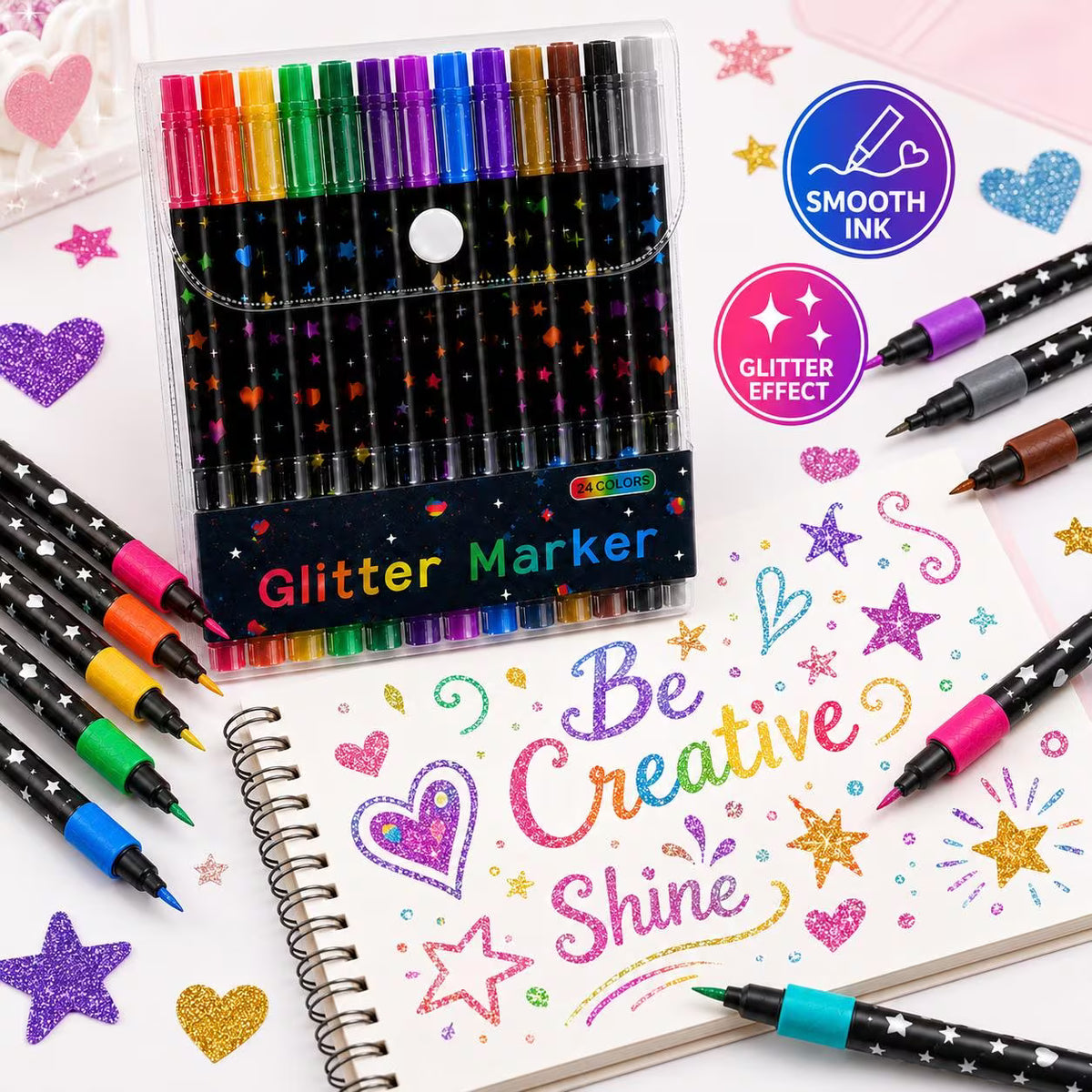 Dual Tip Glitter Markers Set – 12 Markers, 24 Colors, Fine Brush Tip