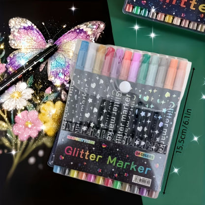 Dual Tip Glitter Markers Set – 12 Markers, 24 Colors, Fine Brush Tip
