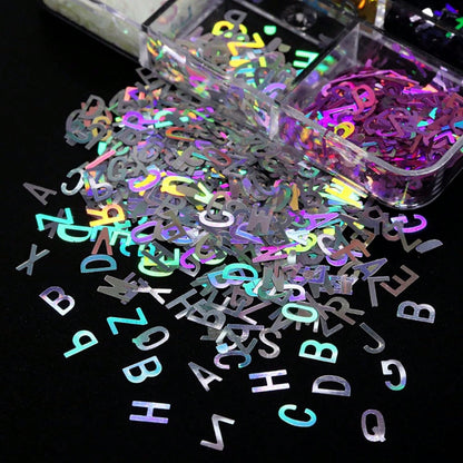 12 grid Holographic Glitter Alphabet and butterfly Sequins – Resin Filling Set