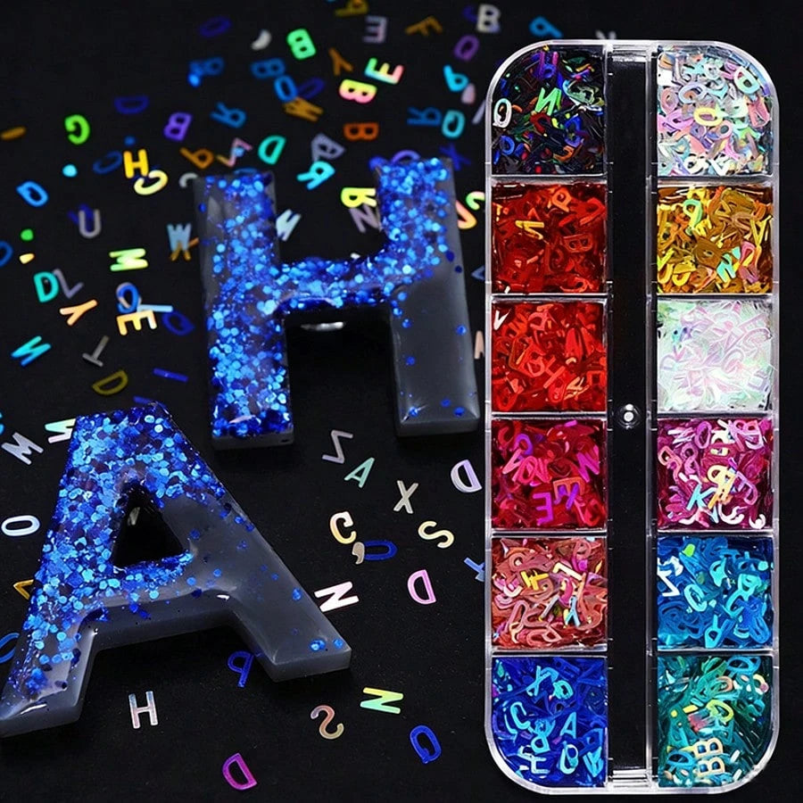 12 grid Holographic Glitter Alphabet and butterfly Sequins – Resin Filling Set