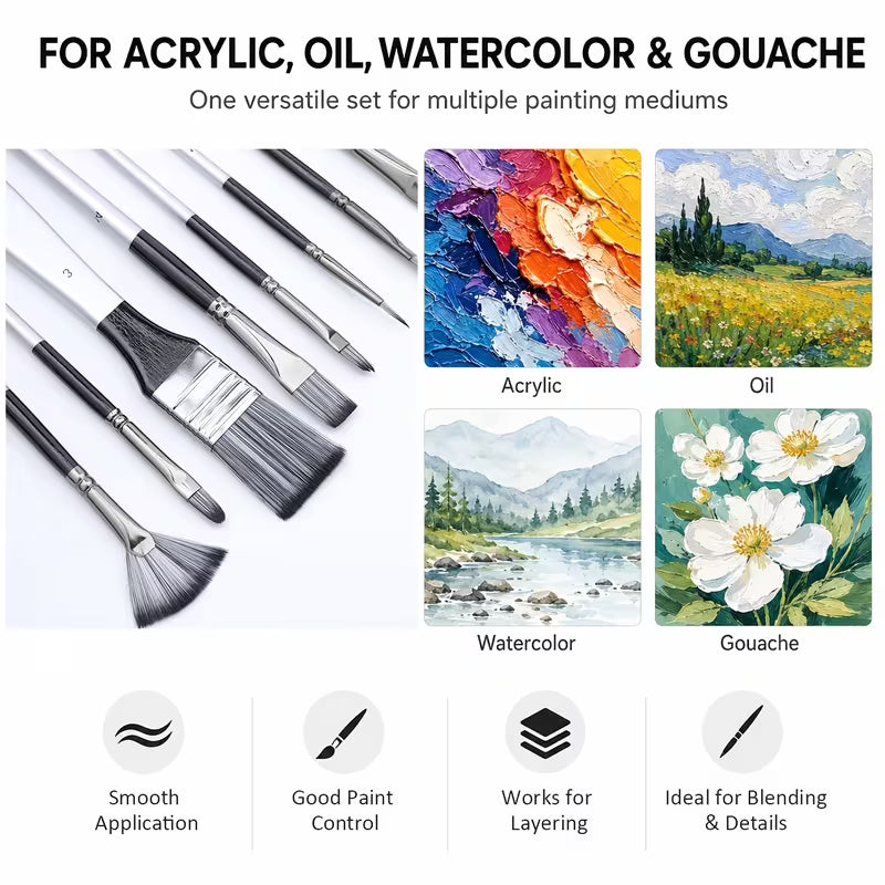 24 pcs Professional Nylon Paint Brushes Set – Multi-Shape Artist Brushes for Painting
