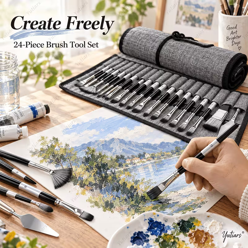 24 pcs Professional Nylon Paint Brushes Set – Multi-Shape Artist Brushes for Painting
