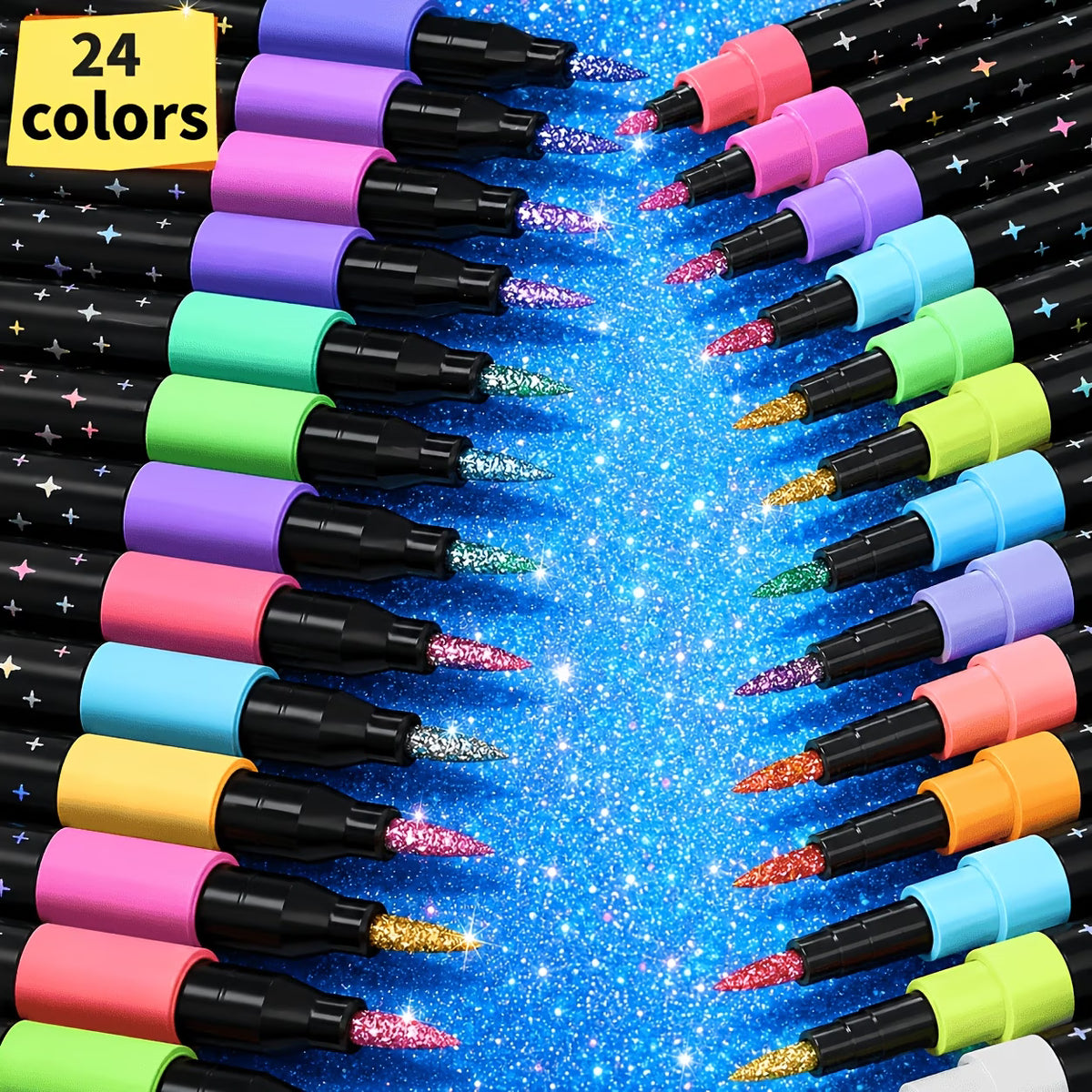 Dual Tip Glitter Markers Set – 12 Markers, 24 Colors, Fine Brush Tip