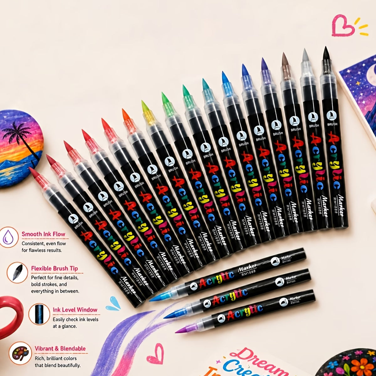 Premium Acrylic Paint Brush Markers – Soft & Flexible Brush Tips