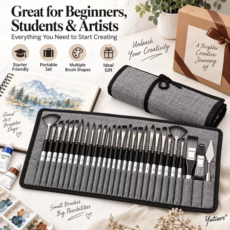 24 pcs Professional Nylon Paint Brushes Set – Multi-Shape Artist Brushes for Painting