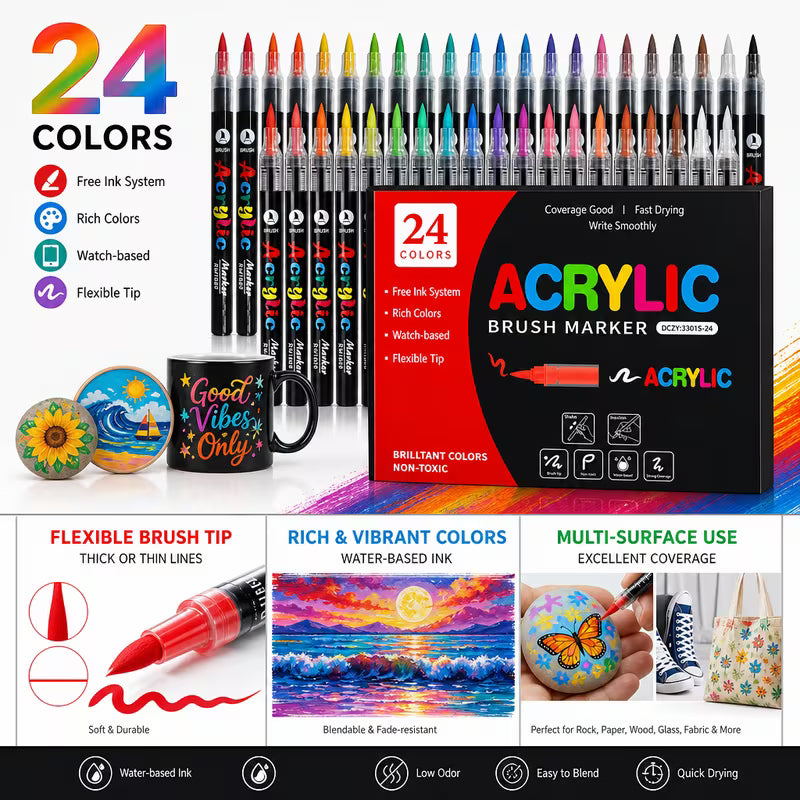 Premium Acrylic Paint Brush Markers – Soft & Flexible Brush Tips