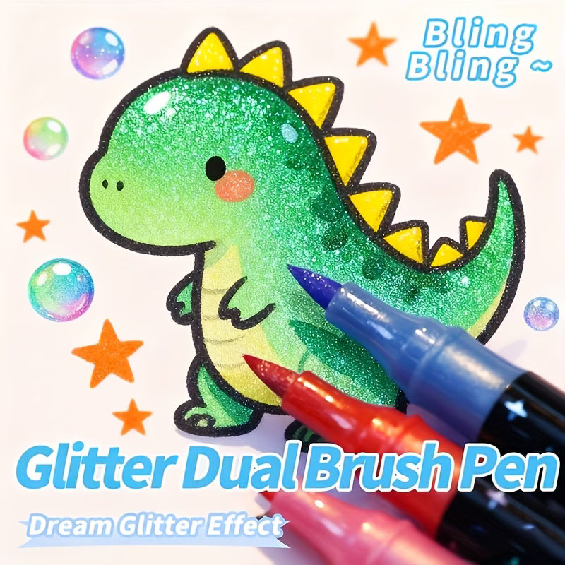 Dual Tip Glitter Markers Set – 12 Markers, 24 Colors, Fine Brush Tip