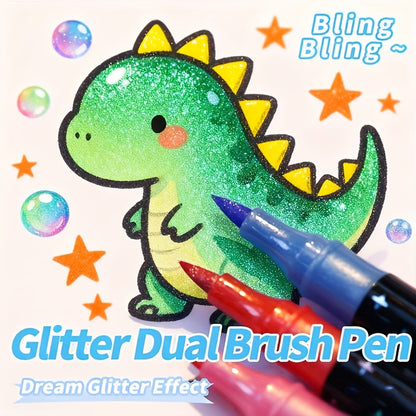 Dual Tip Glitter Markers Set – 12 Markers, 24 Colors, Fine Brush Tip