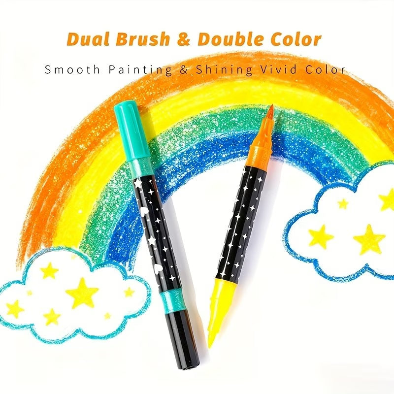 Dual Tip Glitter Markers Set – 12 Markers, 24 Colors, Fine Brush Tip