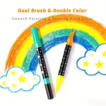 Dual Tip Glitter Markers Set – 12 Markers, 24 Colors, Fine Brush Tip